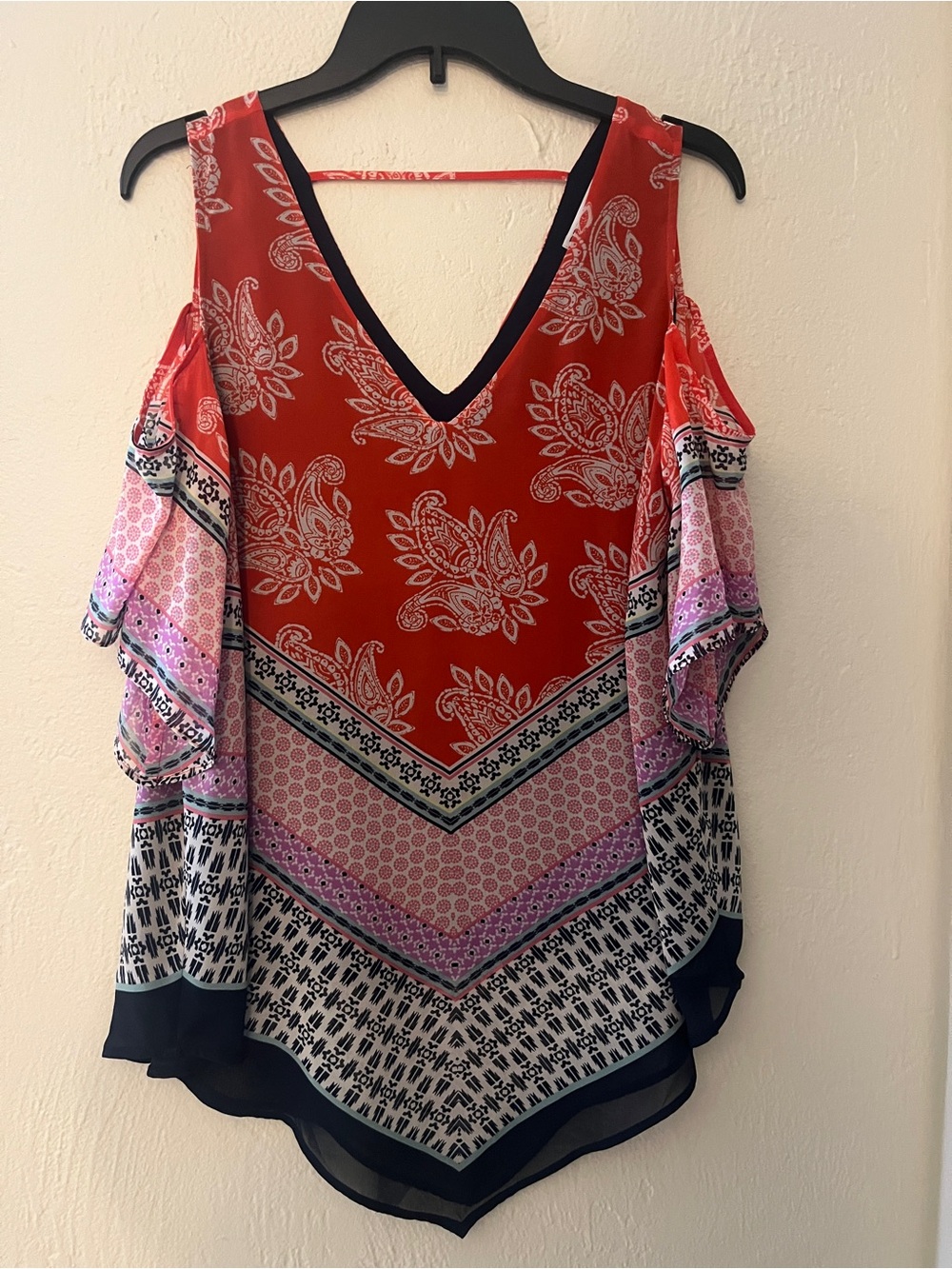 DR2 Red and Pink Cold-Shoulder V-Neck Boho Blouse